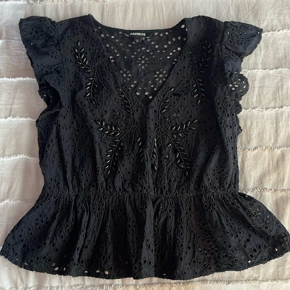 Express black embroidered peplum top
